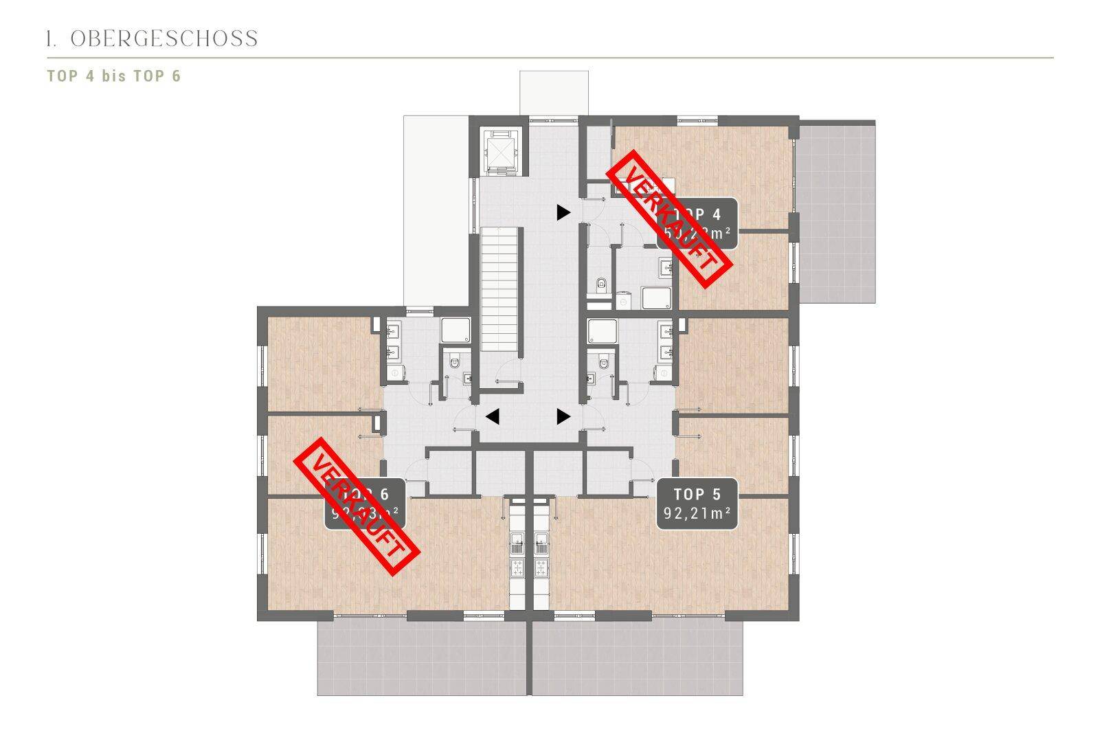 Grundriss des ersten Obergeschosses mit mehreren Wohneinheiten und Treppenhaus.