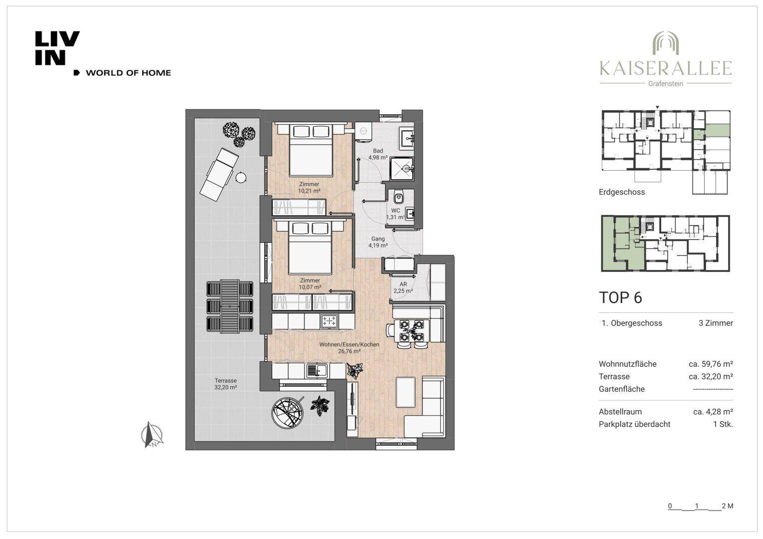 Grundriss der Wohnung TOP 6 im Obergeschoss mit offener Wohnküche, zwei Schlafzimmern und großer Terrasse.