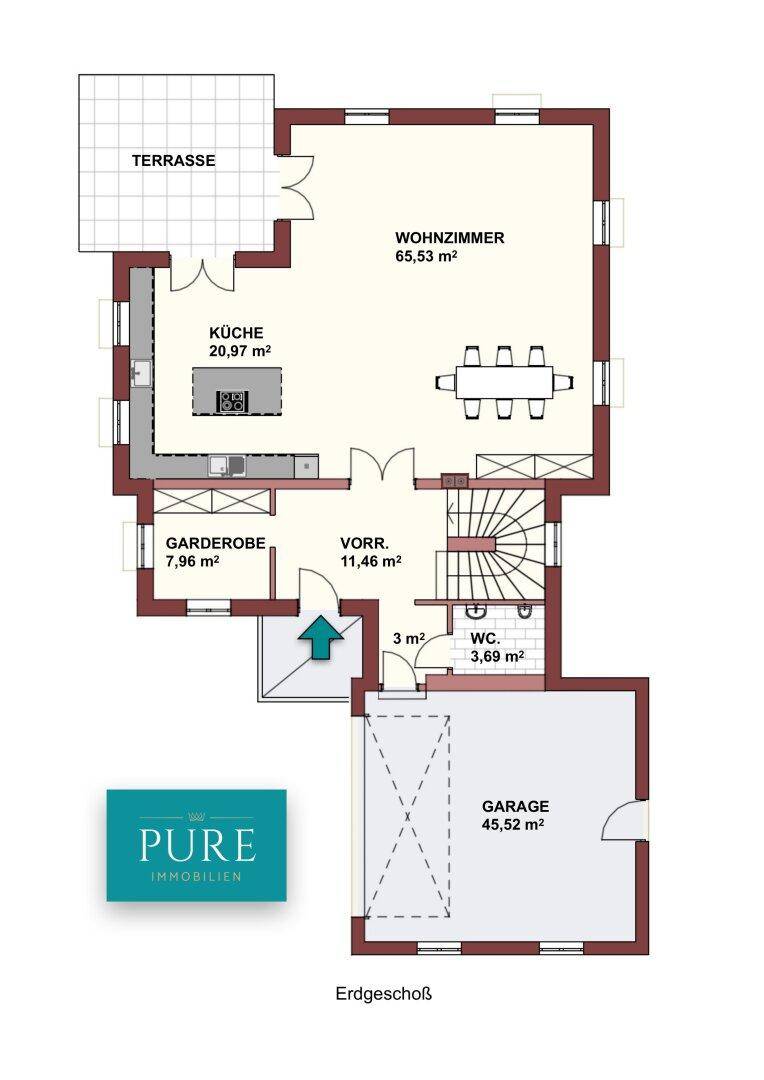 Grundriss des Erdgeschosses mit großem Wohnzimmer, offener Küche und Terrasse.