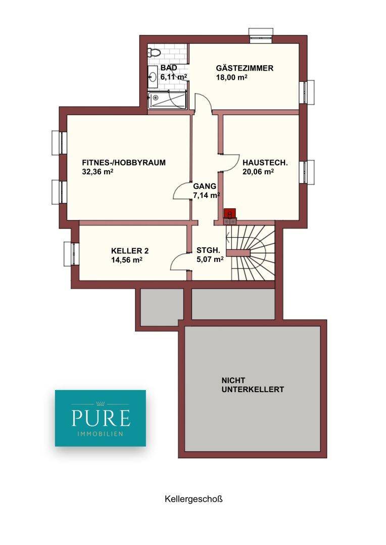 Grundriss des Kellergeschosses mit Fitnessraum, Gästezimmer und Technikraum.