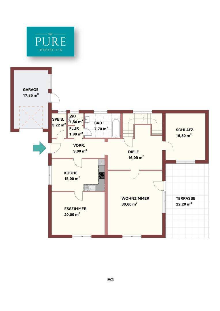 Grundriss des Erdgeschosses mit Aufteilung in Küche, Wohnzimmer, Schlafzimmer und Terrasse.