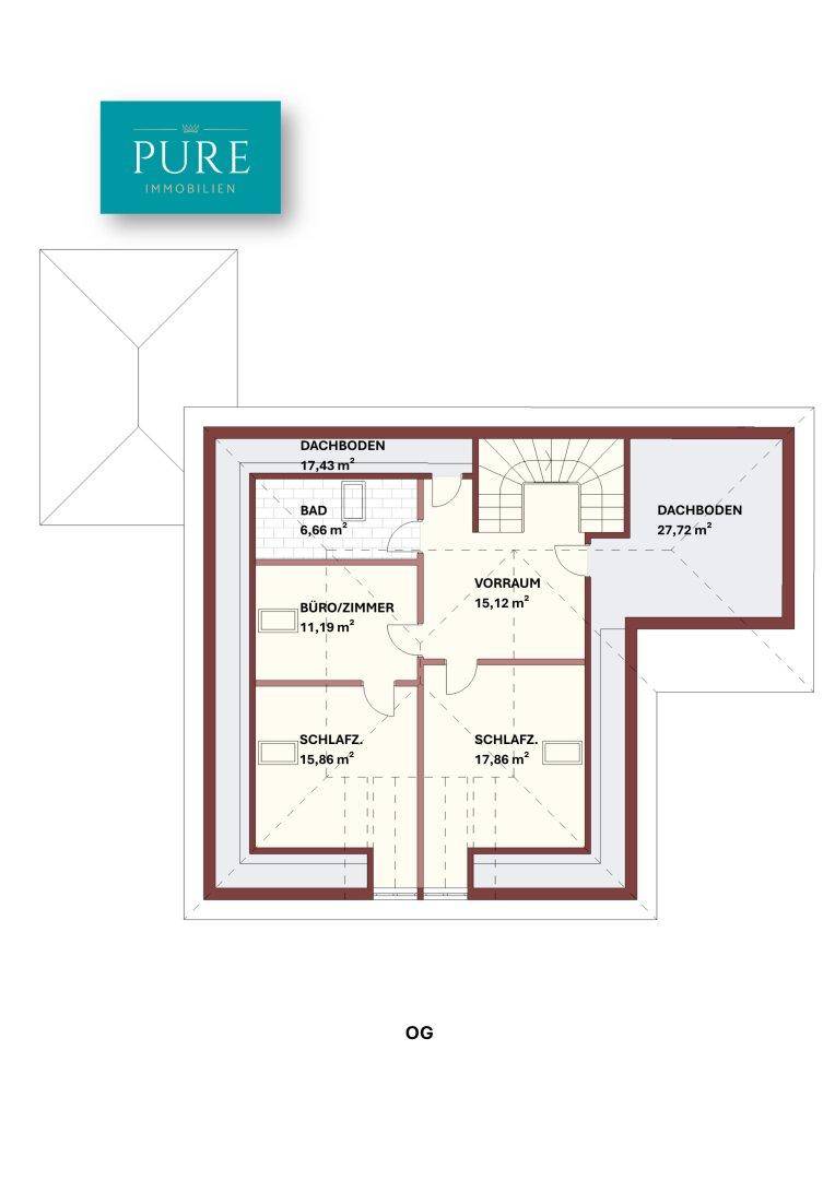 Grundriss des Obergeschosses mit Schlafzimmern, Büro und Dachbodenflächen.