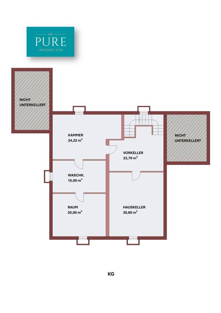 Grundriss des Kellergeschosses mit Waschküche, Lagerraum und Heizungskeller.