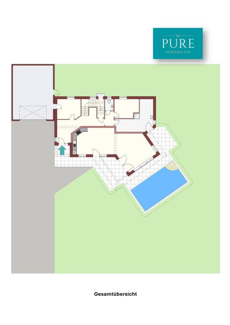 Gesamtübersicht des Erdgeschosses mit Poolbereich und Garage.