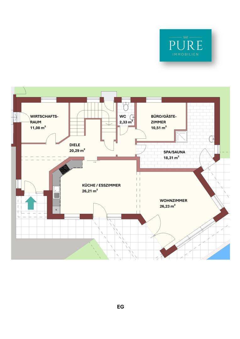 Grundriss des Erdgeschosses mit Küche, Wohnzimmer, Büro und Sauna.
