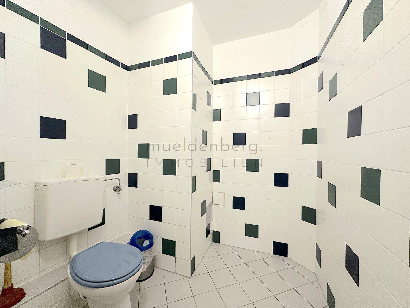 Toilettenraum mit weiß-dunkelgrün gefliesten Wänden und einer Toilette, die einen sauberen Eindruck macht.