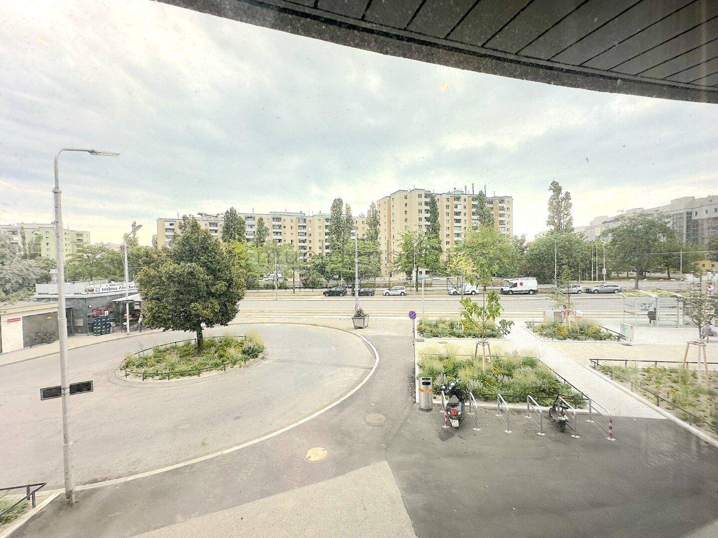 Blick aus dem Fenster auf eine belebte Straße mit Bäumen und Wohngebäuden im Hintergrund.