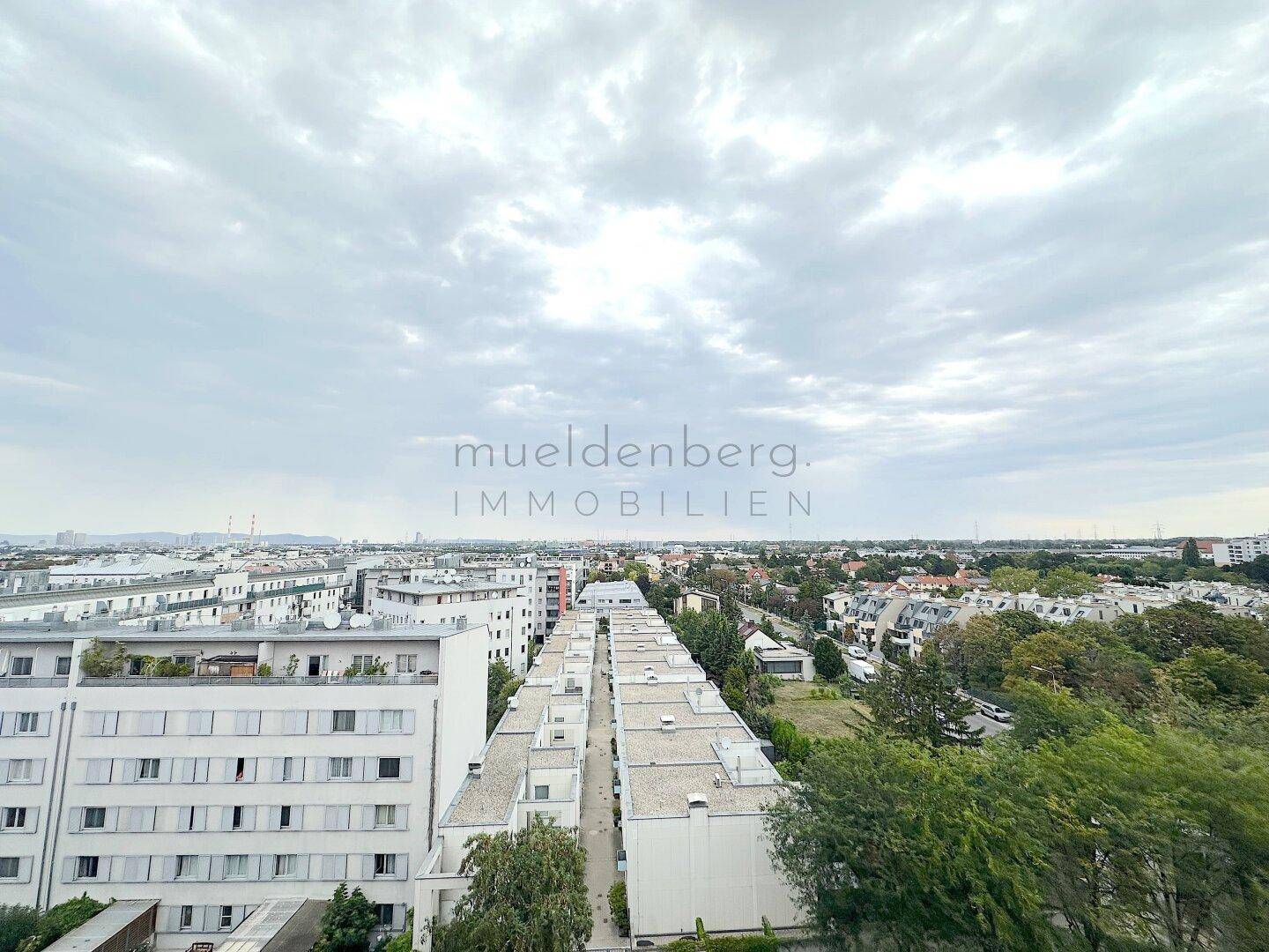 Weitläufiger Blick über eine städtische Wohngegend mit zahlreichen Gebäuden und Grünflächen unter bewölktem Himmel.