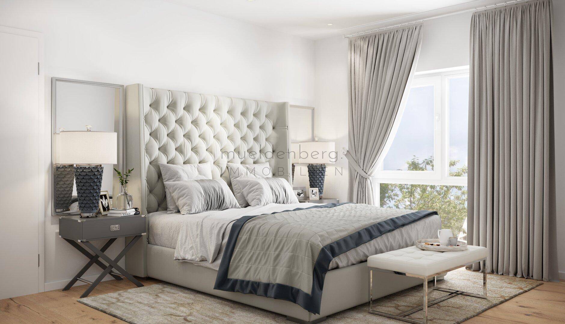 Elegantes Schlafzimmer mit großem, gepolstertem Bett, hellen Vorhängen und Holzboden.