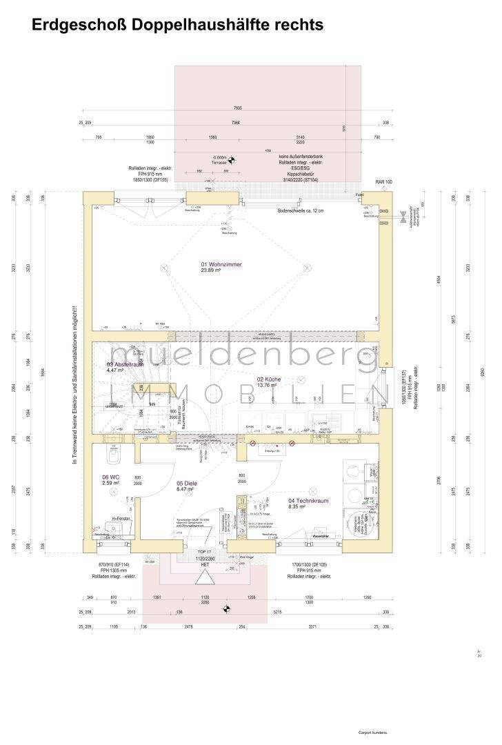 Grundriss des Erdgeschosses einer Doppelhaushälfte mit offenem Wohnbereich und Terrasse.