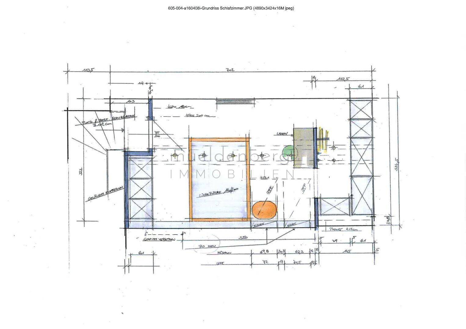 Grundriss des Schlafzimmers mit Bettposition und Schrankbereichen.
