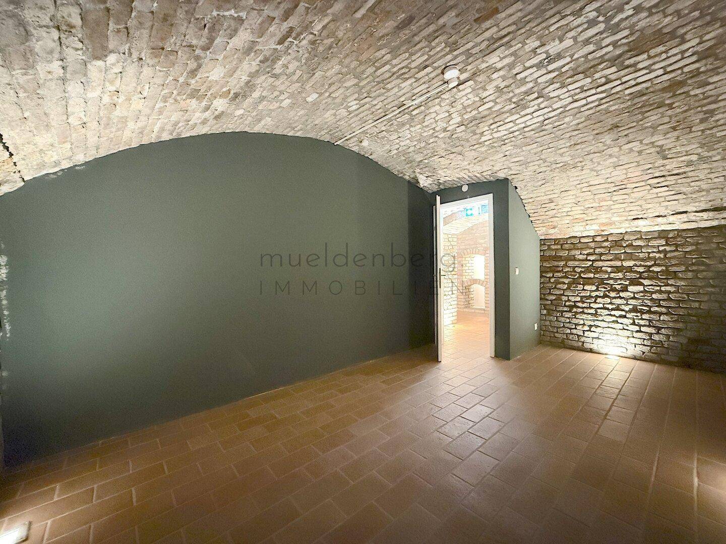 Kellerraum mit Gewölbedecke, einer dunkelgrünen Akzentwand und traditionellen Terrakottafliesen, gut beleuchtet.
