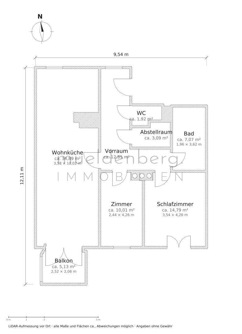 Grundriss (LiDAR-Aufmessung, Maße und Flächen ca.)