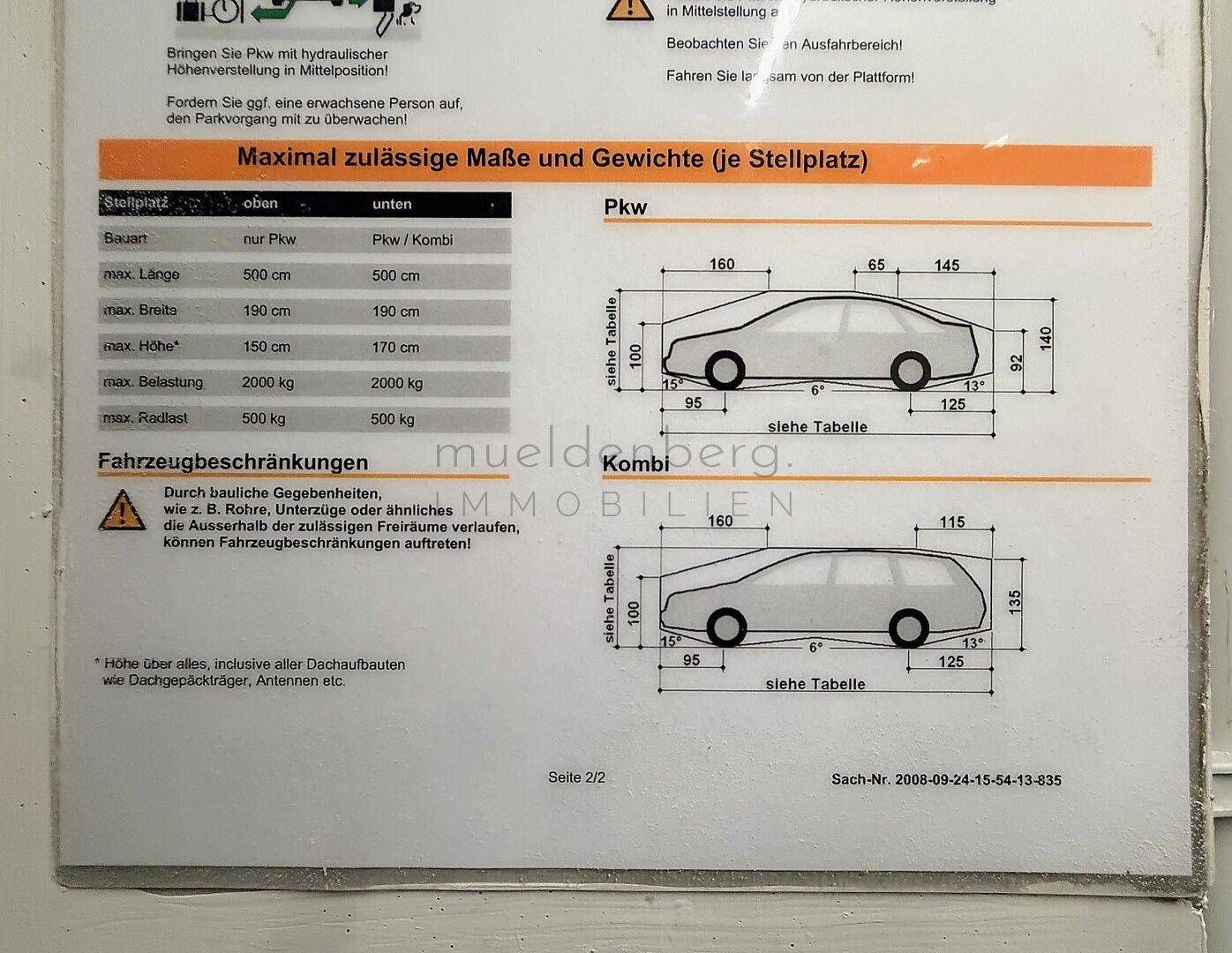 Zulässige Fahrzeugmaße laut Hersteller (untere Ebene: Pkw/Kombi, max. 170 cm hoch)