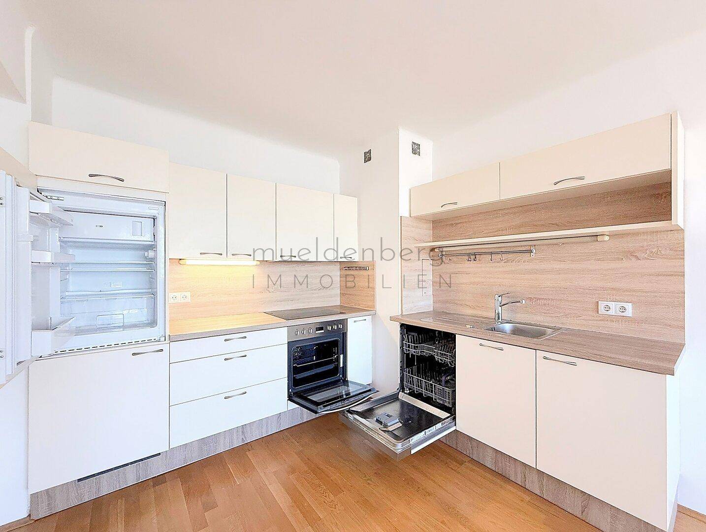 Voll ausgestattete Küchenzeile mit geöffnetem Kühlschrank und Geschirrspüler.