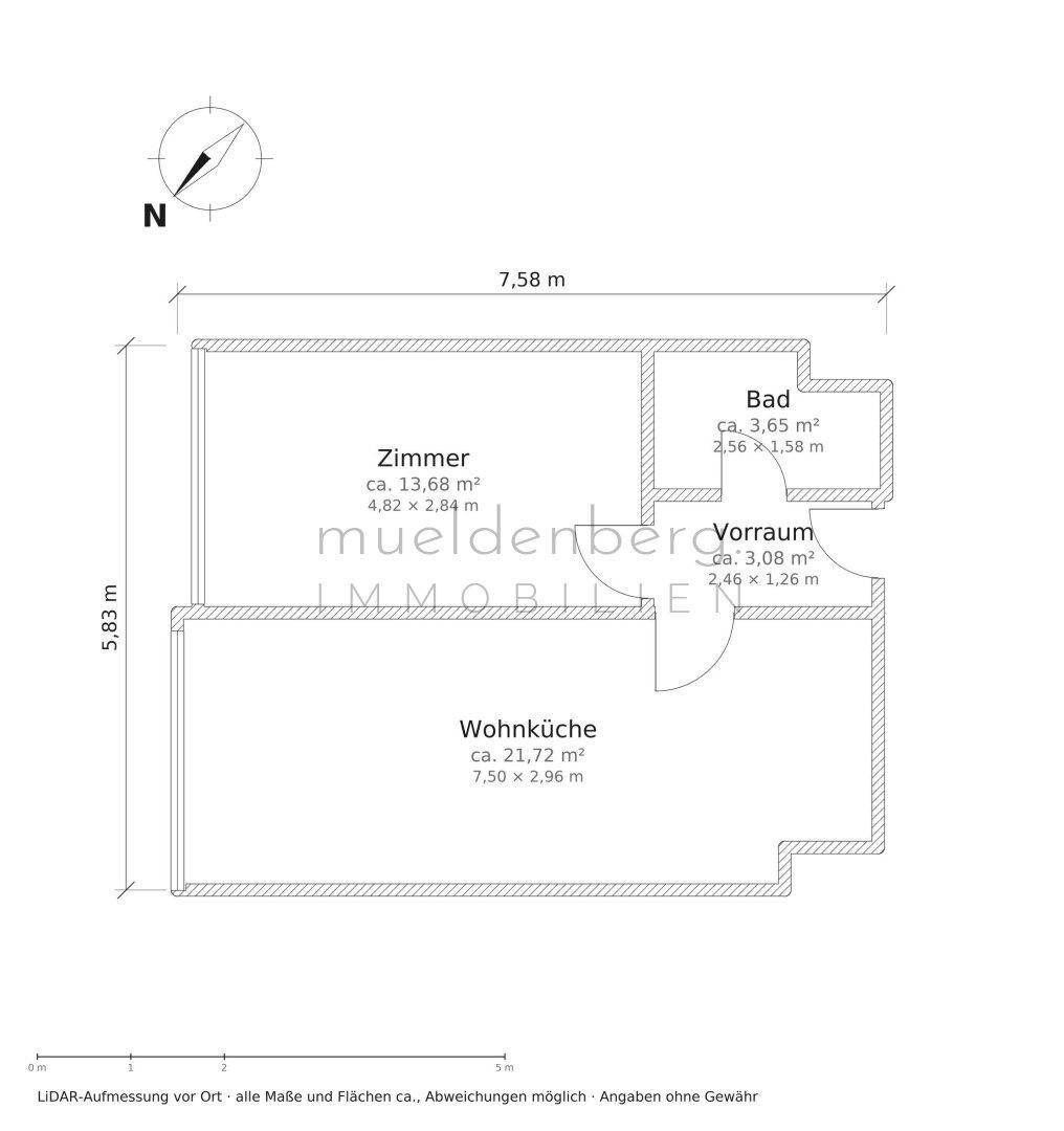 Grundrissplan einer Wohnung mit Wohnküche, Zimmer, Bad und Vorraum, inklusive Flächenangaben.