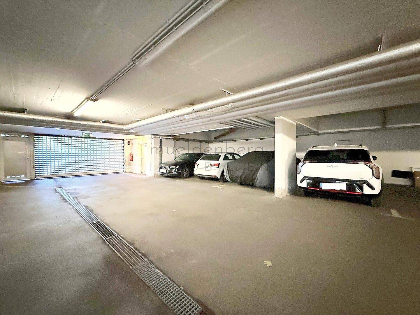 Geräumige Tiefgarage mit mehreren Stellplätzen, Betonboden und Rolltor für sicheres Parken.