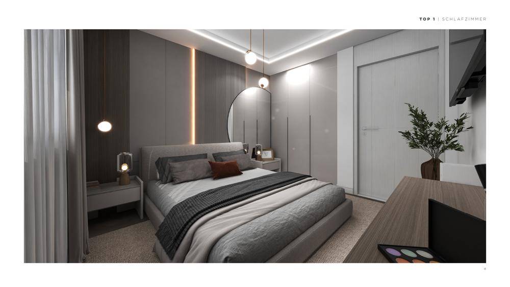Elegantes Schlafzimmer mit Doppelbett, Nachttischen und integriertem Kleiderschrank.