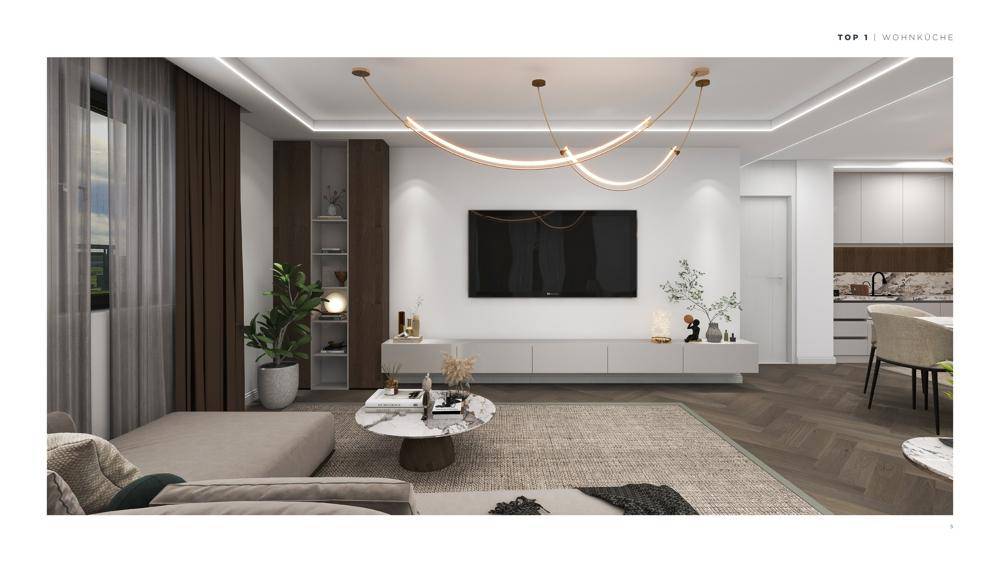 Heller offener Wohnbereich mit Fernseher, integrierter Küche und Essbereich in modernem Design.