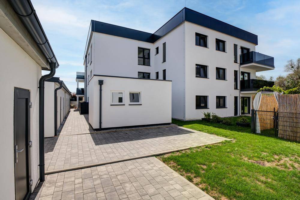 Rückansicht des modernen Gebäudes mit gepflastertem Weg und kleiner Grünfläche.