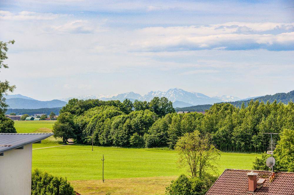 Weitläufiger Blick über grüne Felder und Wälder mit Bergen im Hintergrund unter blauem Himmel.