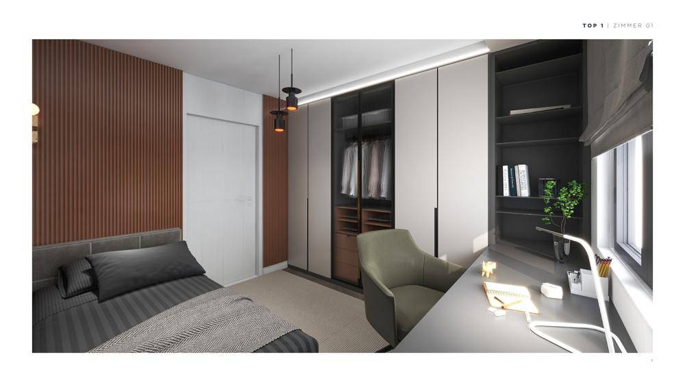 Modernes Schlafzimmer mit Einzelbett, Schreibtisch und integriertem Kleiderschrank.