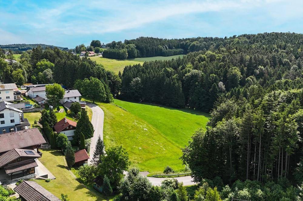 Luftaufnahme einer Landstraße, die sich durch grüne Felder und Wälder schlängelt, mit Häusern am Rand.