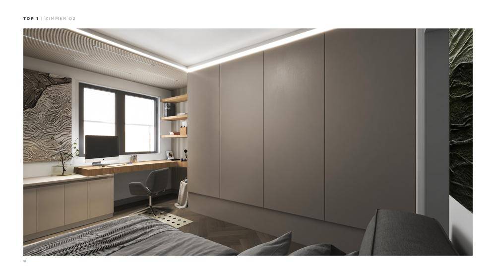 Modernes Schlafzimmer mit integriertem Schrank, Schreibtisch und indirekter Deckenbeleuchtung.