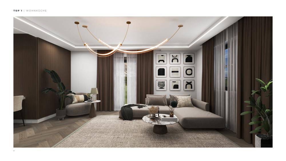 Stilvolles Wohnzimmer mit großem Sofa, Holzwandverkleidung und moderner Deckenbeleuchtung.