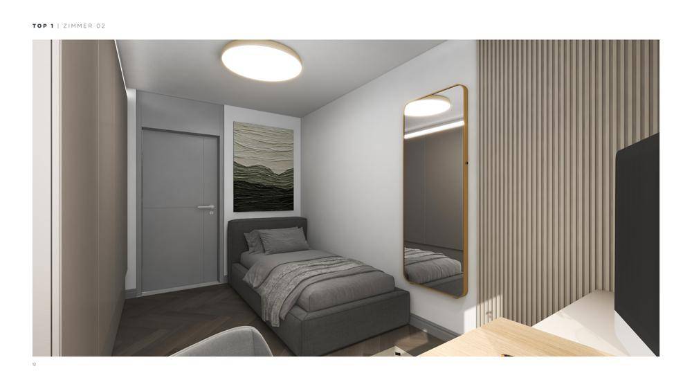 Gemütliches Schlafzimmer mit Einzelbett, Wandspiegel und moderner Wandverkleidung.
