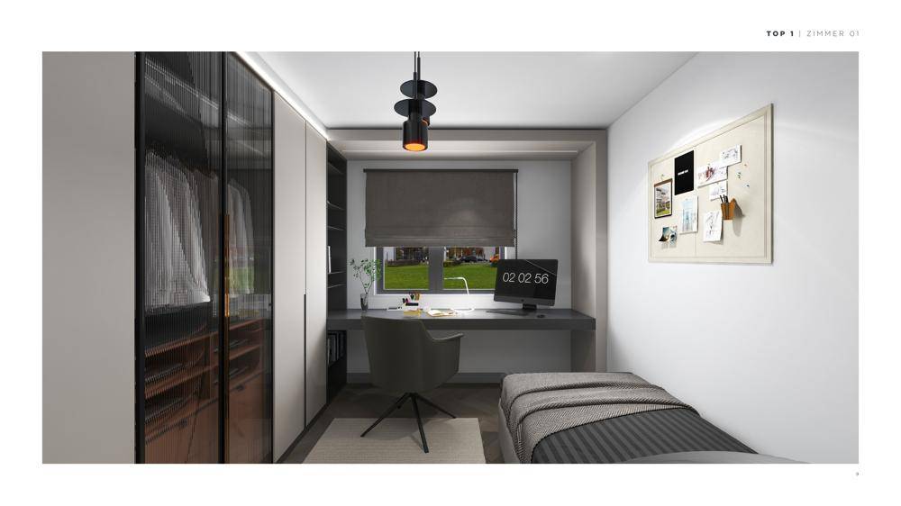 Funktionales Schlafzimmer mit großem Kleiderschrank, Schreibtisch und Einzelbett.