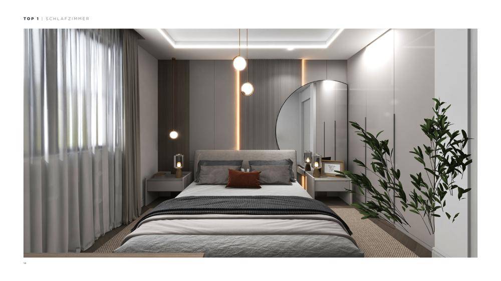 Helles Schlafzimmer mit großem Doppelbett, Vorhängen und stilvoller Beleuchtung.
