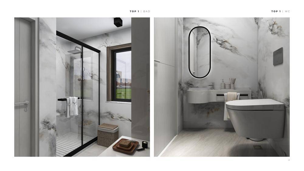 Modernes Badezimmer mit Duschkabine, Fenster und separatem WC-Bereich mit Waschbecken.