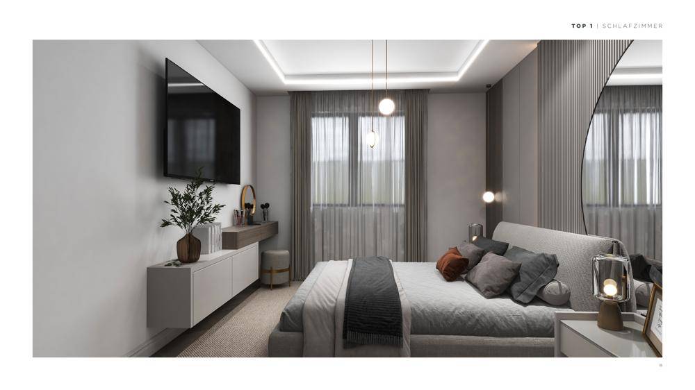 Modernes Schlafzimmer mit Wandfernseher, Schminktisch und großem Doppelbett.