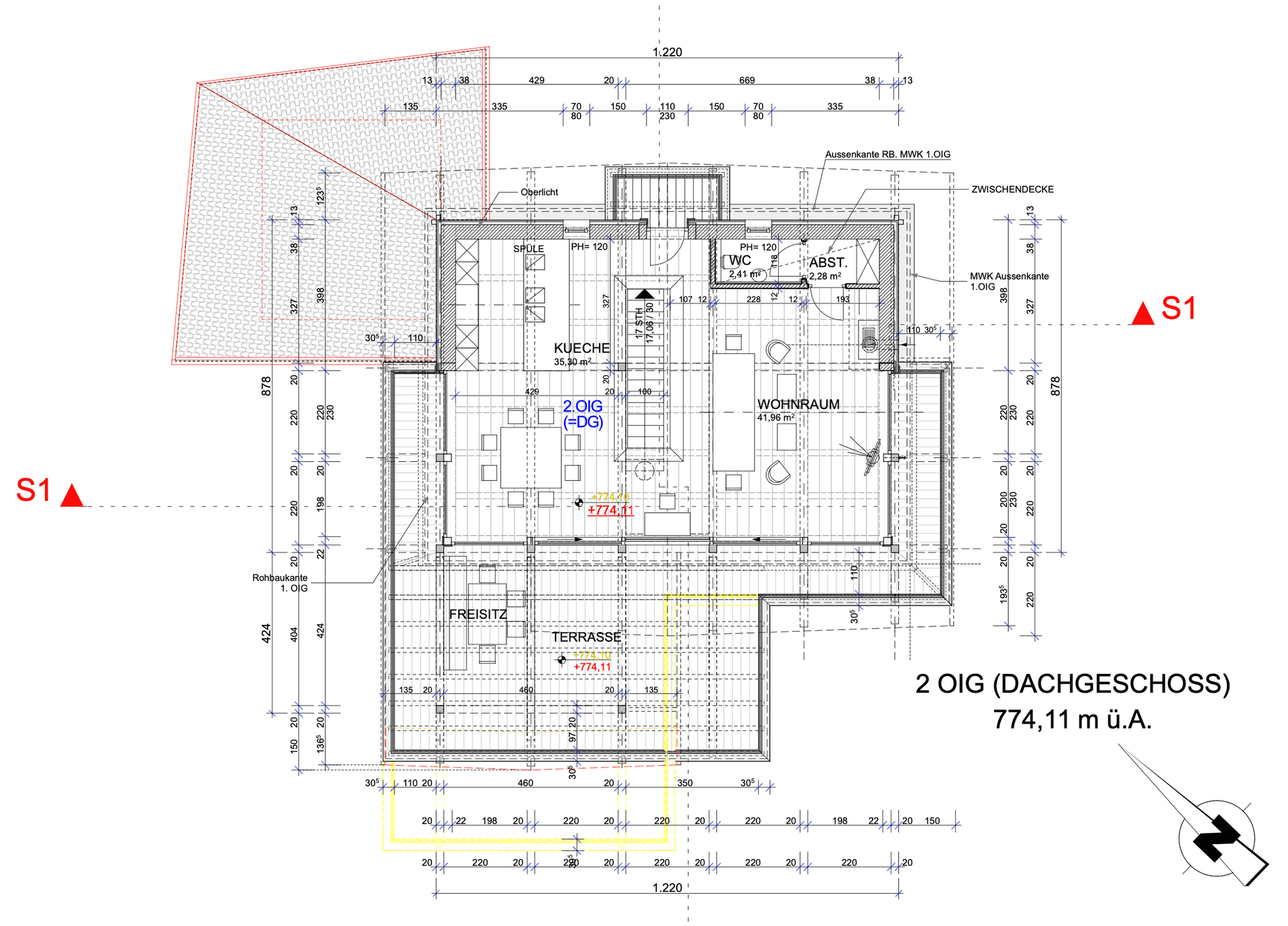 Grundriss des Dachgeschosses mit Küche, Wohnraum, WC, Abstellraum, Freisitz und Terrasse.