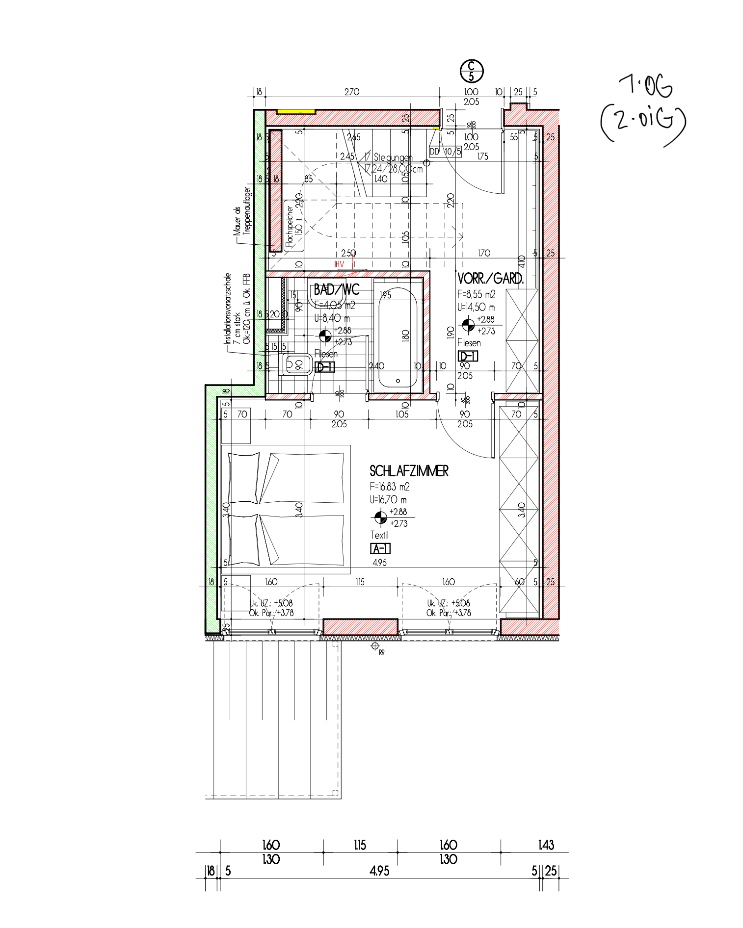 Grundriss einer Wohnung mit Schlafzimmer, Bad/WC, Flur und Zugang zu einem Balkon.