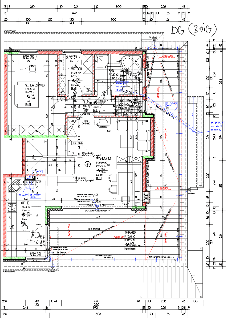 Detaillierter Grundriss einer Dachgeschosswohnung mit Wohnzimmer, Küche, Schlafzimmer und großer Terrasse.