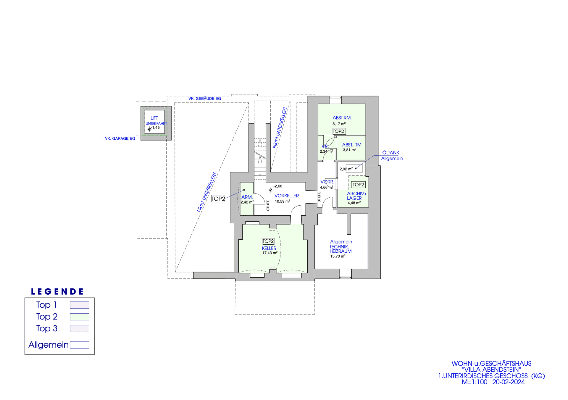 Grundriss des Untergeschosses mit Keller, Technikraum, Archiv, Weinkeller und Abstellräumen.