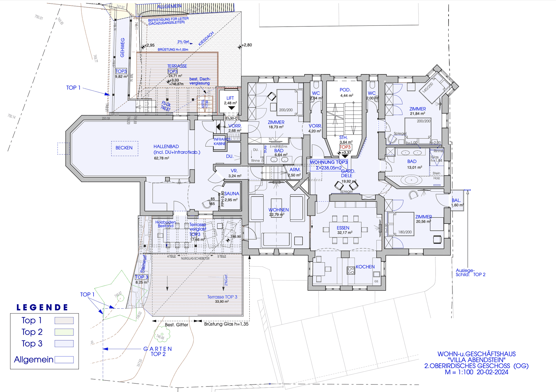 Detaillierter Grundriss des Obergeschosses mit mehreren Wohnungen, großem Hallenbad, Sauna und Terrassen.