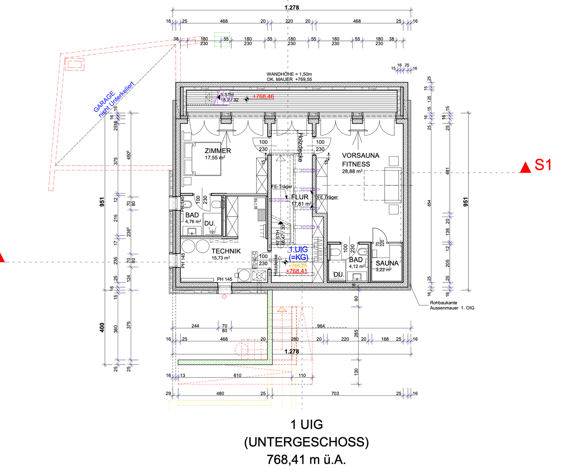 Grundriss des Untergeschosses mit Schlafzimmer, Technikraum, Bad, Sauna und Fitnessbereich.