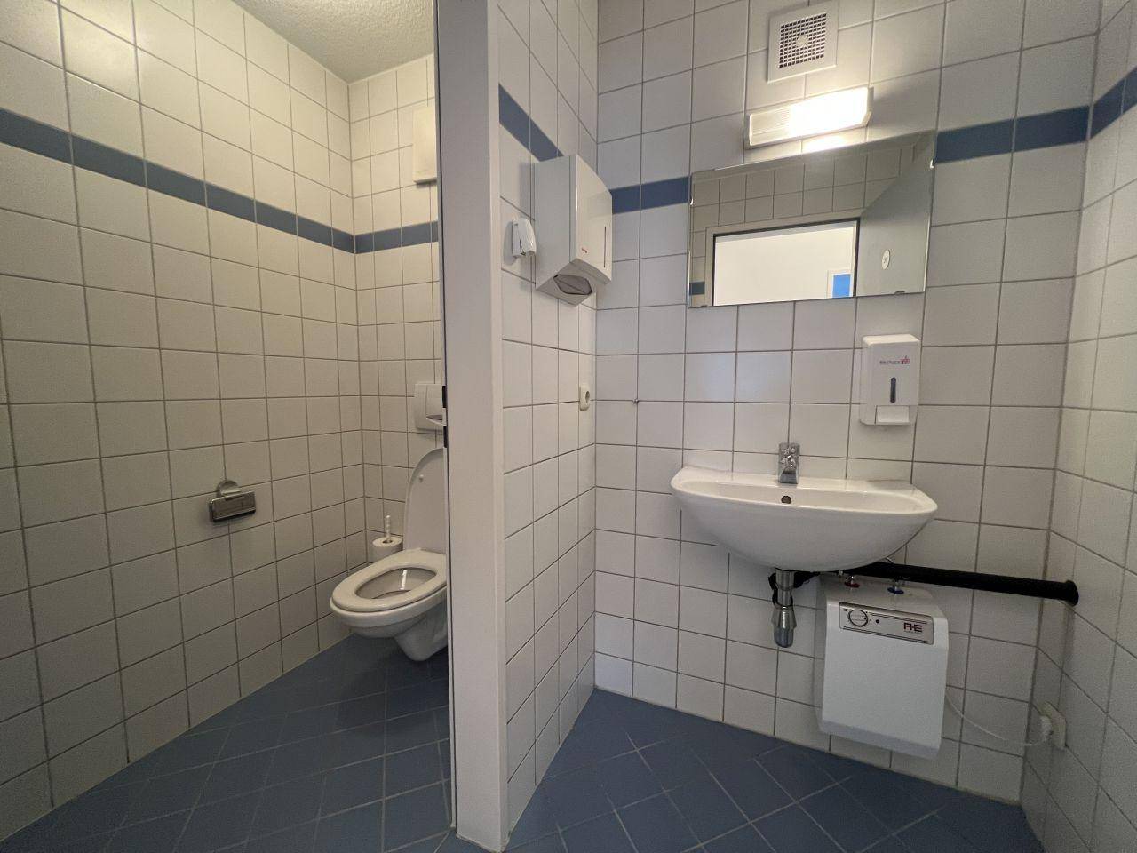 Gemeinschafts-WC mit blauen und weißen Fliesen, ausgestattet mit Toilette und Waschbecken.