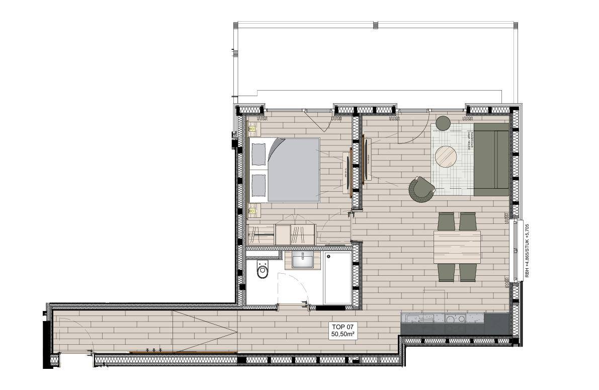 Grundriss einer Wohnung mit Schlafzimmer, Bad, offenem Wohnbereich und Balkonzugang.