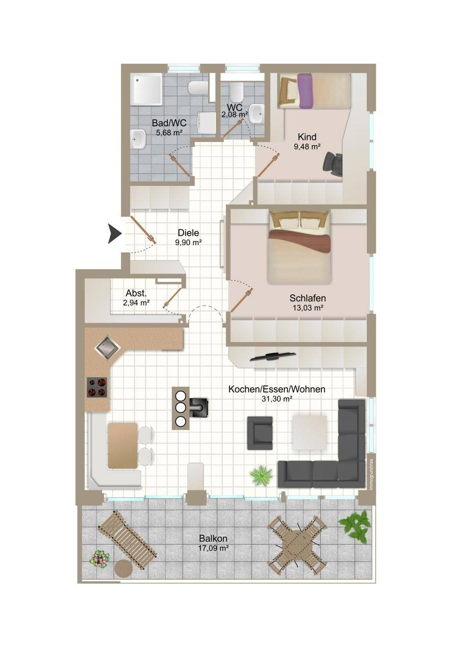 Detaillierter Grundriss der Wohnung mit drei Schlafzimmern, offenem Wohnbereich und großem Balkon.