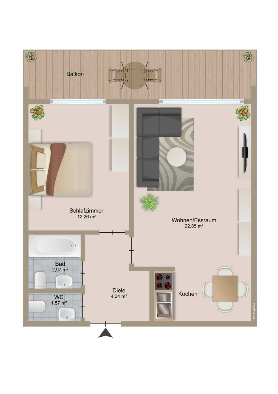 Grundriss einer Wohnung mit Schlafzimmer, Wohn-/Essbereich, Küche, Bad und Balkon.
