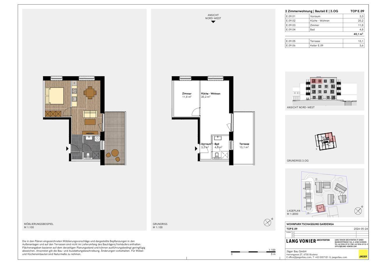 Grundriss einer 2-Zimmer-Wohnung im 3. Obergeschoss mit Terrasse und separatem WC.