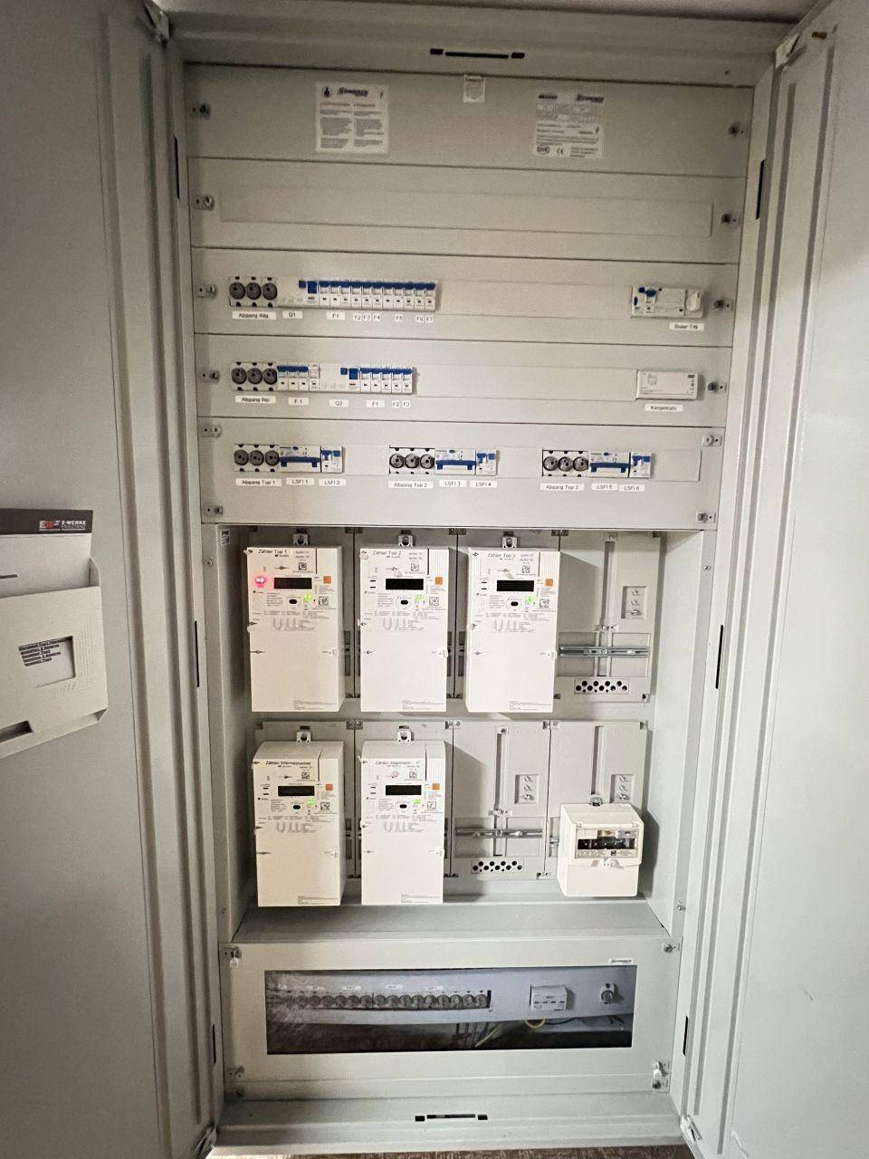 Großer Sicherungskasten mit mehreren Stromzählern und modernen elektrischen Installationen.