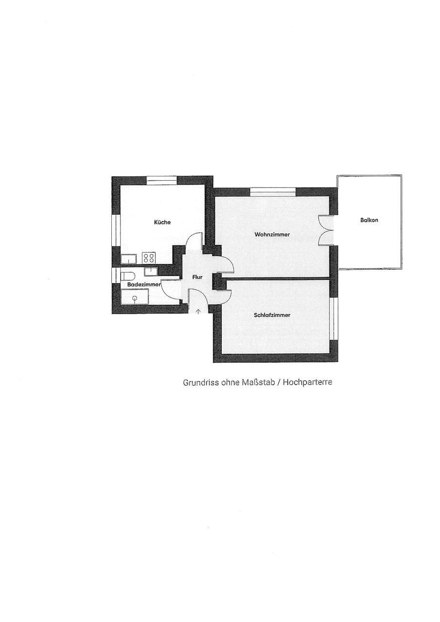 Grundriss des Hochparterres mit Küche, Bad, Wohnzimmer, Schlafzimmer und Balkon.