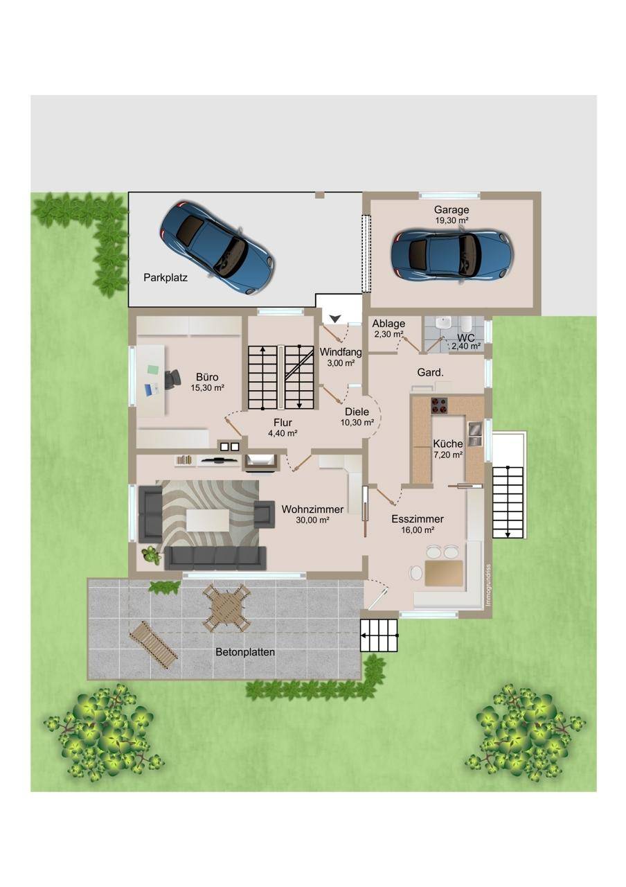 Grundriss des Erdgeschosses mit Wohnzimmer, Küche, Essbereich und Garage.