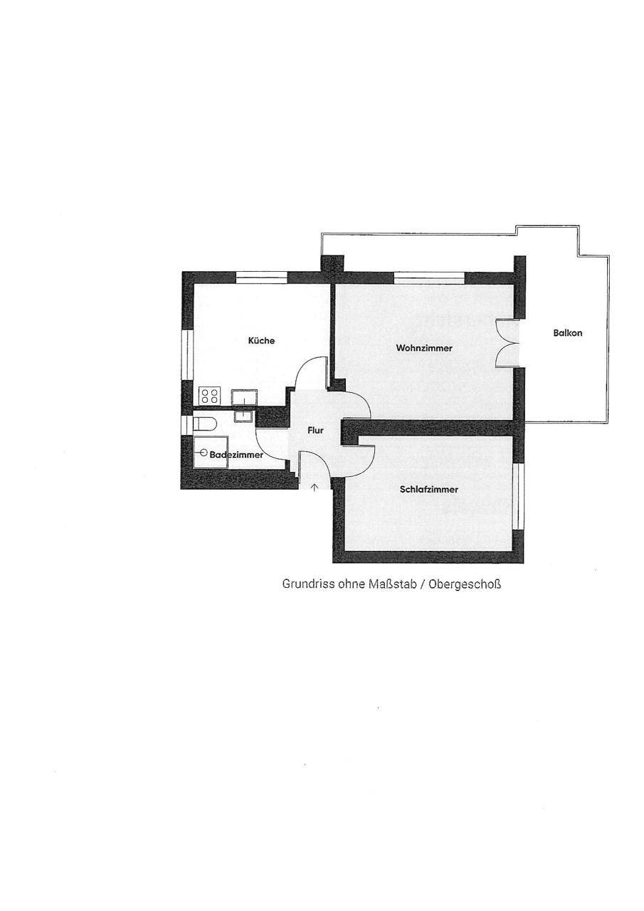 Grundriss des Obergeschosses mit Küche, Bad, Wohnzimmer, Schlafzimmer und Balkon.
