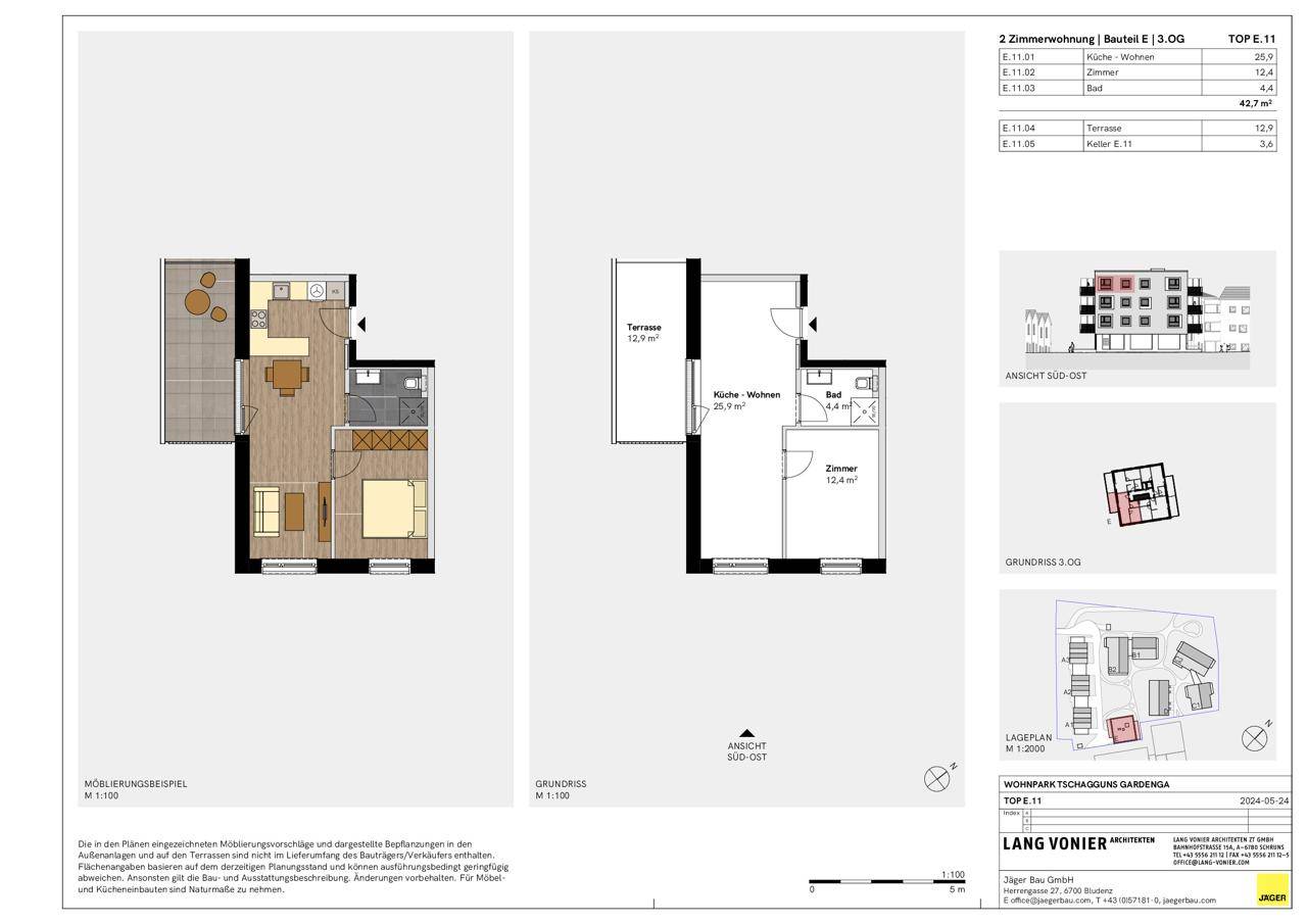 Grundriss einer 2-Zimmer-Wohnung mit Terrasse, offenem Wohnbereich und Bad.